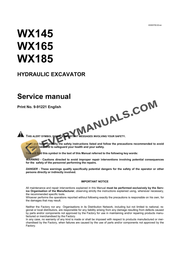 case wx145 wx165 wx185 hydraulic excavator repair manual 9 91221 1