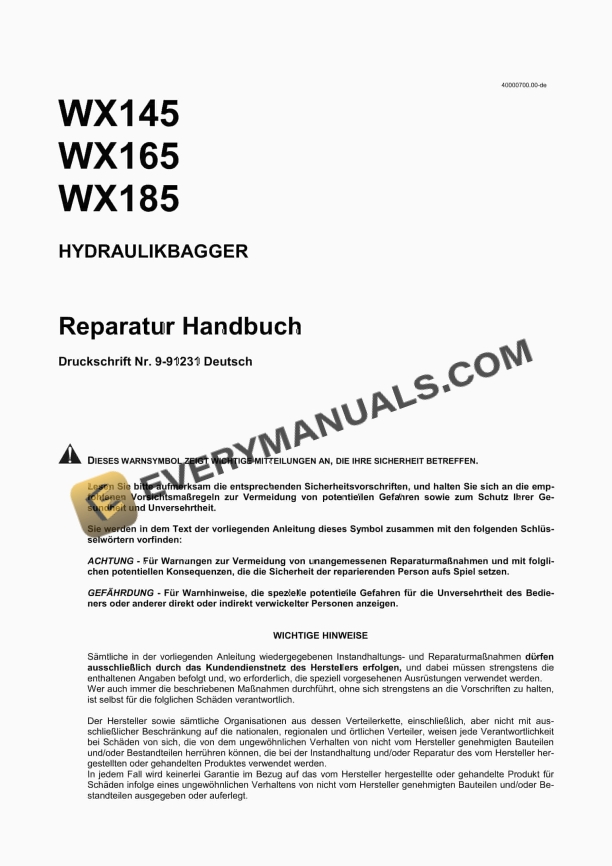 Case WX145, WX165, WX185 Hydraulic Excavator Repair Manual 9-91231 DE PDF