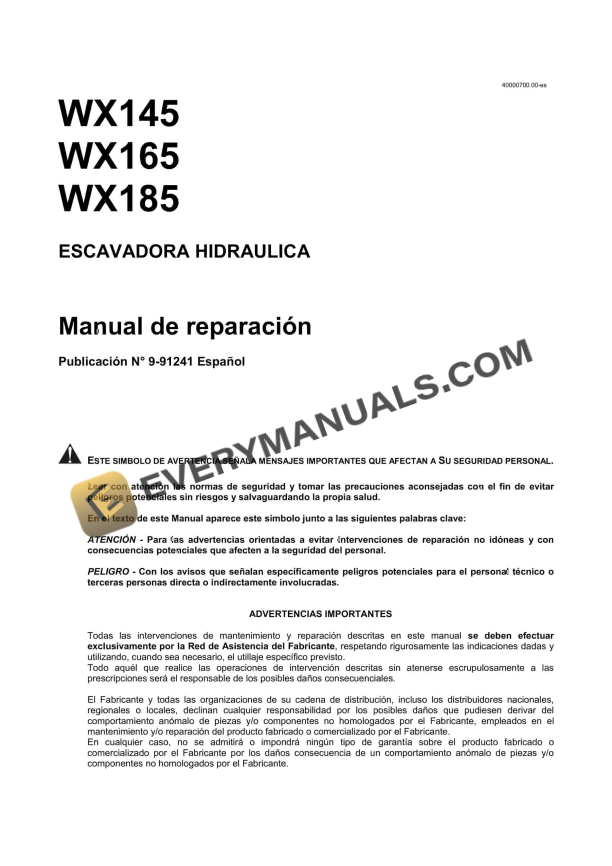 Case WX145, WX165, WX185 Hydraulic Excavator Repair Manual 9-91241 ES PDF