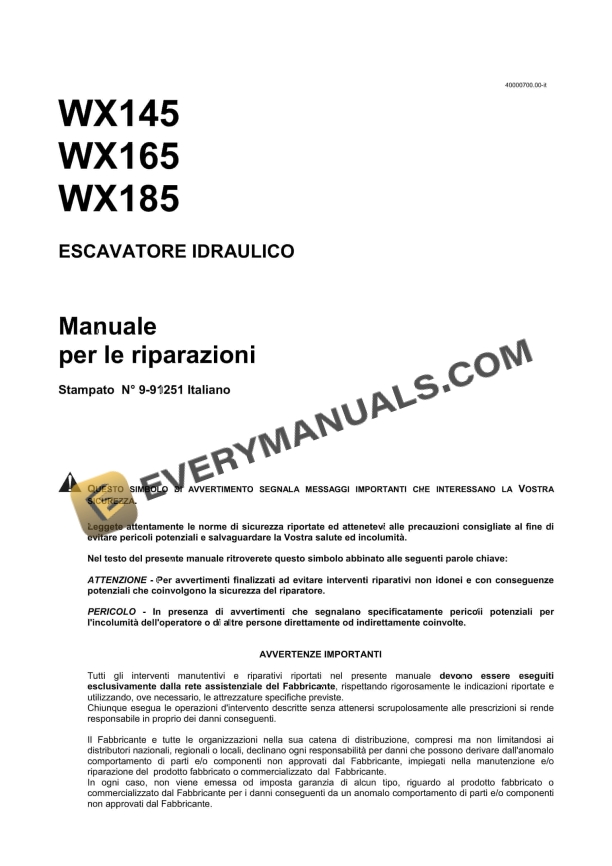 Case WX145, WX165, WX185 Hydraulic Excavator Repair Manual 9-91251 IT PDF
