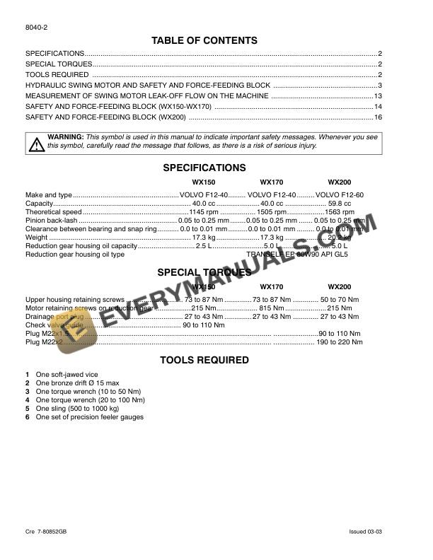 Case WX150, WX170, WX200 Wheeled Excavator Service Manual 9-53961GB PDF 7 Case WX150, WX170, WX200 Wheeled Excavator Service Manual 9-53961GB PDF - Image 5