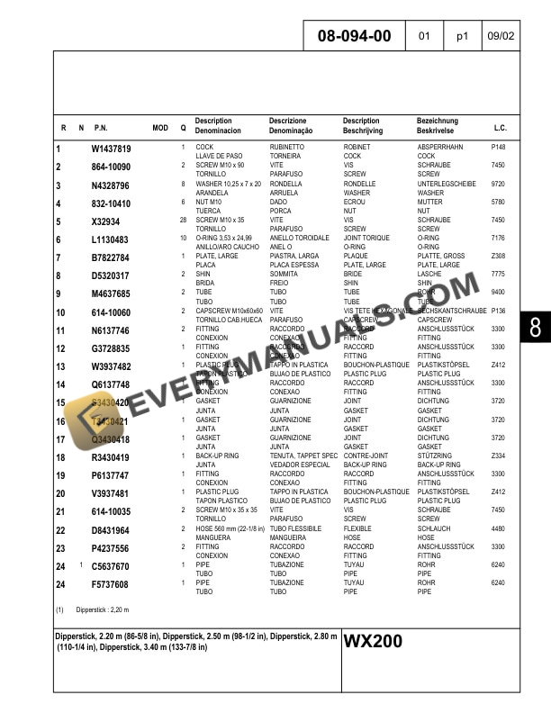 Case WX200 Wheeled Excavator Parts Catalog 7-8271-R1-4