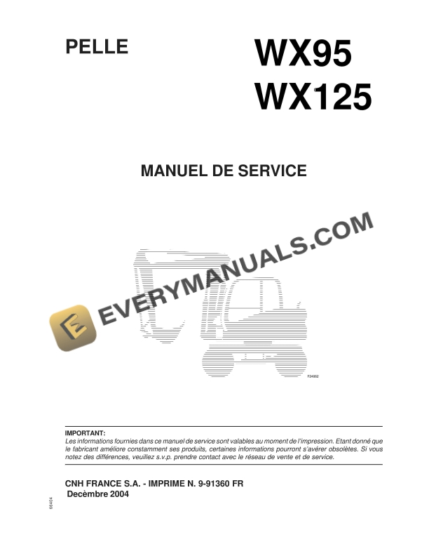 Case WX95, WX125 Hydraulic Excavator Service Manual 9-91360 FR PDF