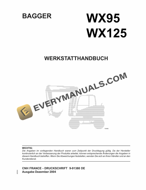 Case WX95, WX125 Hydraulic Excavator Workshop Manual 9-91380 DE PDF