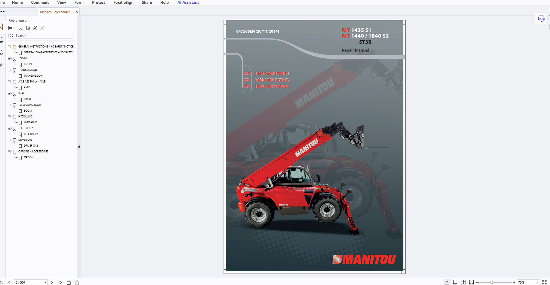 Manitou MT 1435 100P ST3B S1, MT 1440 100P ST3B S2, MT 1840 100P ST3B S2 Repair Manual 647506EN