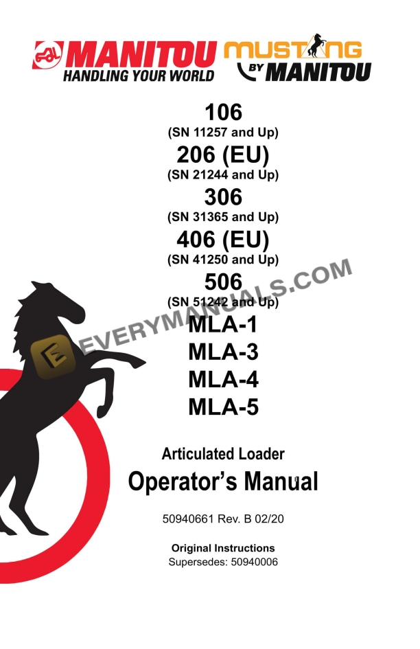 Manitou 106, 206 (EU), 306, 406 (EU), 506, MLA-1, MLA-3, MLA-4, MLA-5 Articulated Loader Operator Manual 50940661