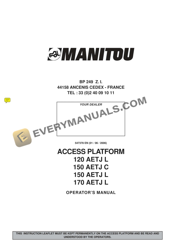 Manitou 120 AETJ L, 150 AETJ C, 150 AETJ L, 170 AETJ L Access Platform Operator Manual 547378