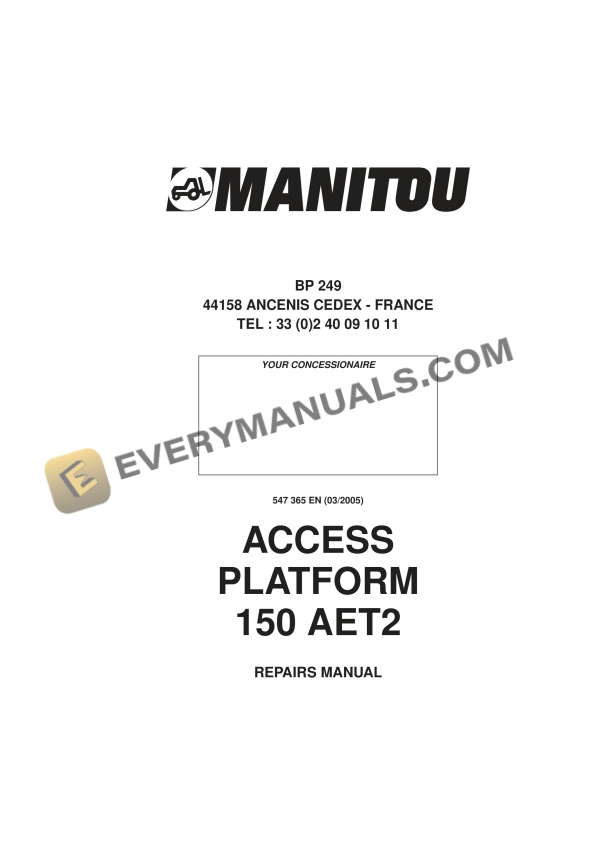 Manitou 150 AET2 Access Platform Repair Manual 547365EN