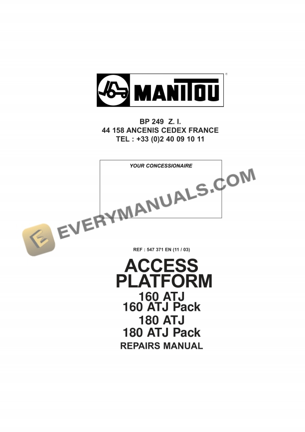 Manitou 160 ATJ, 160 ATJ Pack, 180 ATJ, 180 ATJ Pack Access Platform Repair Manual 547371EN