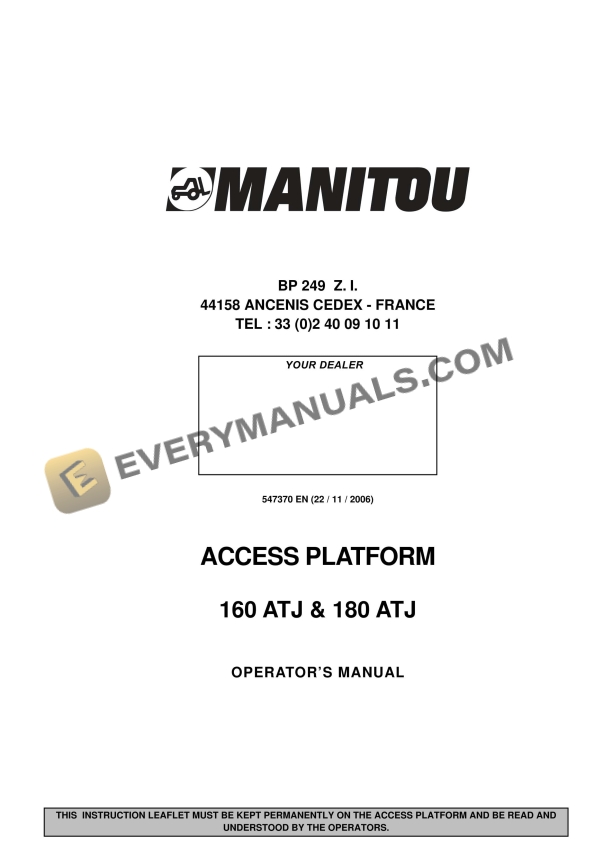 manitou 160 atj 180 atj access platform operator manual 547370 1
