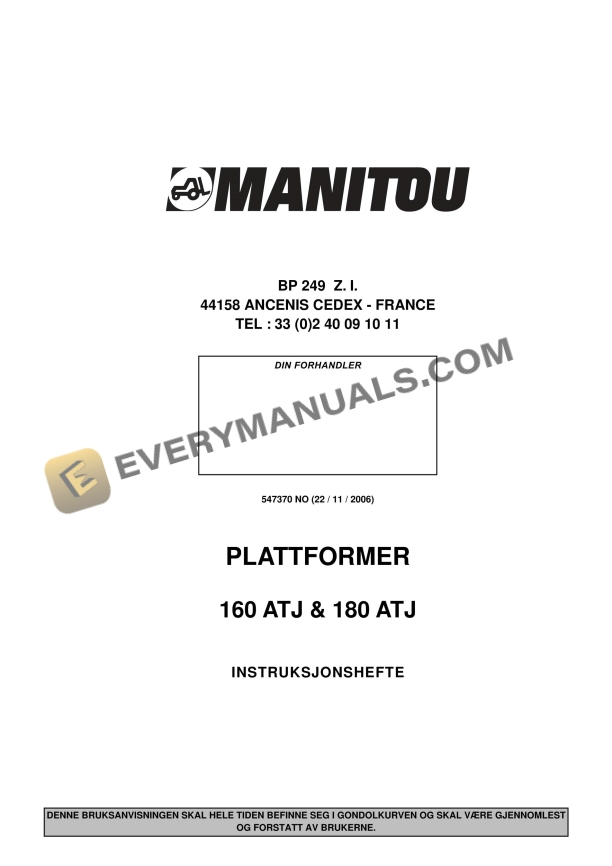 Manitou 160 ATJ, 180 ATJ Platform Operator Manual 547370 NO