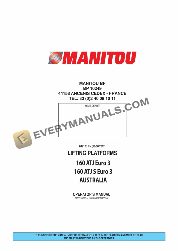 Manitou 160 ATJ Euro 3, 160 ATJ S Euro 3 Australia Lifting Platform Operator Manual 647126