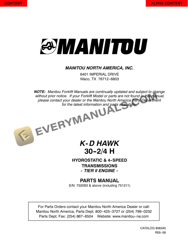 manitou 30 2h 30 4h k d hawk hydrostatic and 4 speed transmission tier 2 engine parts manual 806340 1