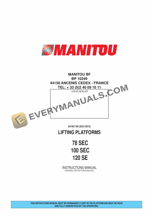 manitou 78sec 100sec 120se lifting platform instructions manual 547407en 1