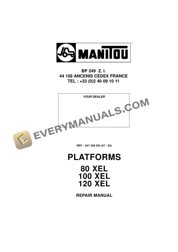 Manitou 80 XEL, 100 XEL, 120 XEL Access Platform Repair Manual 547358EN
