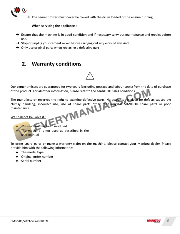 Manitou CMT270, CMT270E, CMT340, CMT340E, CMT400, CMT400E Towable Cement Mixer Operating safety - Spare Parts Manual 52749081EN-3