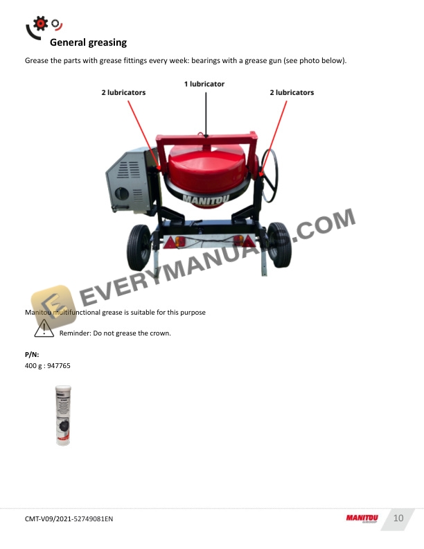 Manitou CMT270, CMT270E, CMT340, CMT340E, CMT400, CMT400E Towable Cement Mixer Operating safety - Spare Parts Manual 52749081EN-4