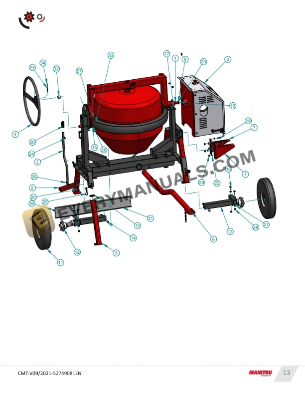 Manitou CMT270, CMT270E, CMT340, CMT340E, CMT400, CMT400E Towable Cement Mixer Operating safety - Spare Parts Manual 52749081EN-5