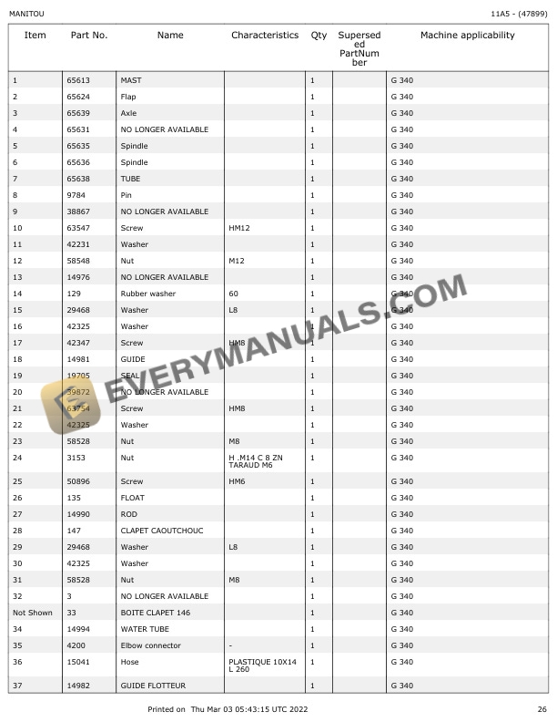 Manitou G 340 Parts Manual 47899-5