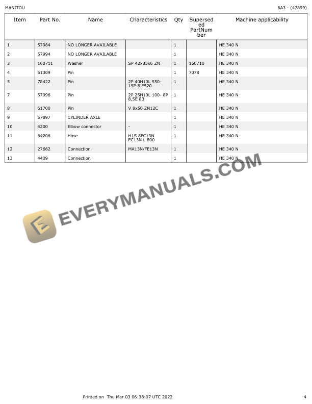 Manitou HE 340 N Parts Manual 47899-2