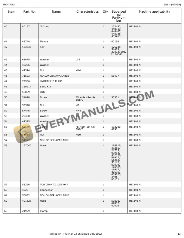 Manitou HE 340 N Parts Manual 47899-3