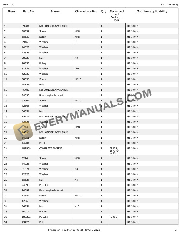 Manitou HE 340 N Parts Manual 47899-5