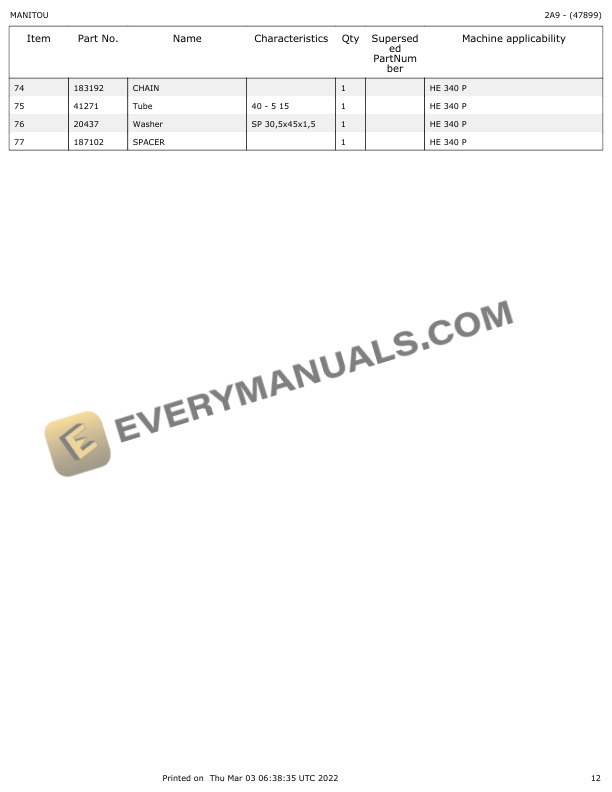 Manitou HE 340 P Parts Manual 47899-3