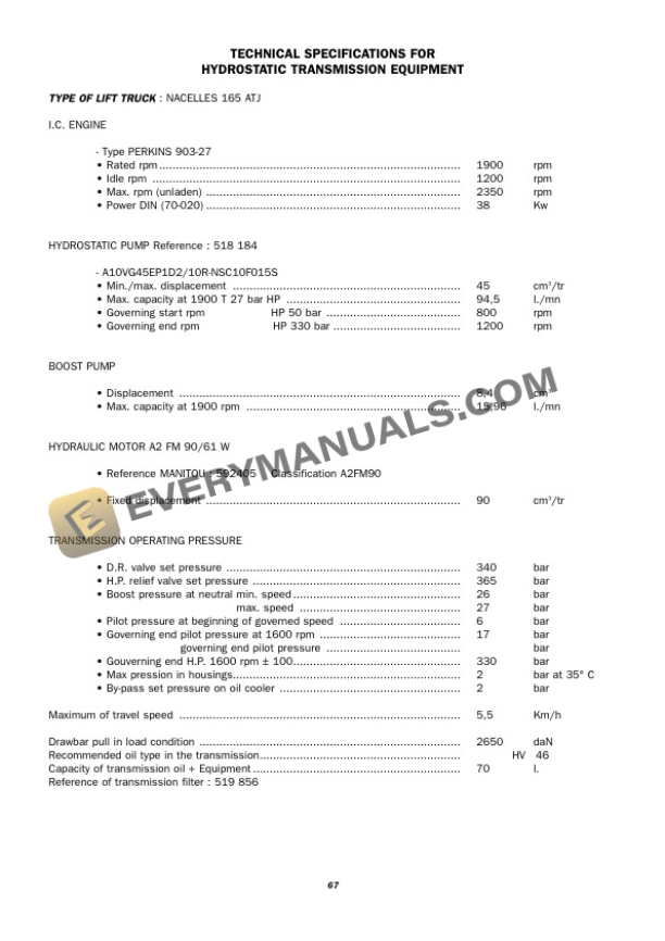 Manitou Hydrostatic Tranmissions I.C Engines Generales Informations Hand Book 47910EN-2