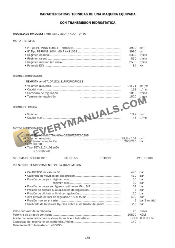 Manitou Hydrostatic Tranmissions I.C Engines Generales Informations Service Manual 47910 ES-2