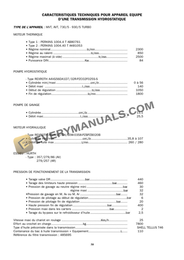 Manitou Hydrostatic Tranmissions I.C Engines Generales Informations Service Manual 47910 FR-2