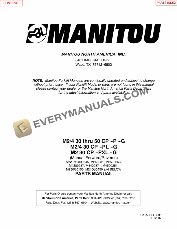 manitou m2 30 thru 50 cp p g m4 30 thru 50 cp p g m2 30 cp pl g m4 30 cp pl g m2 30 cp pxl g parts manual b238 1