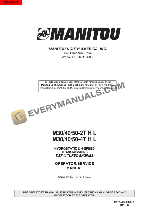 manitou m30 40 50 2t h l m30 40 50 4t h l hydrostatic and 4 speed transmissions tier iii turbo engines operator manual 809817 1