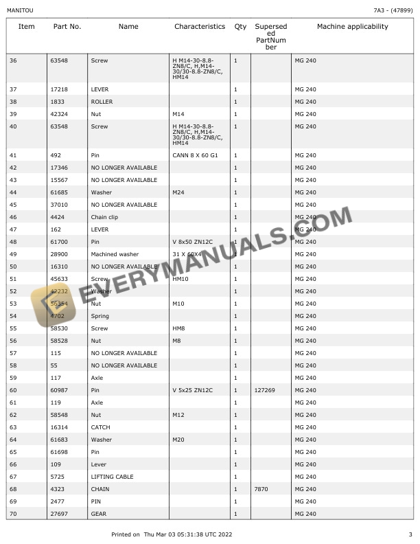 Manitou MG 240 Parts Manual 674699-2
