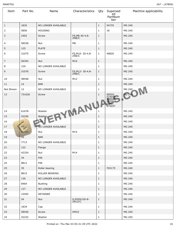 Manitou MG 240 Parts Manual 674699-3