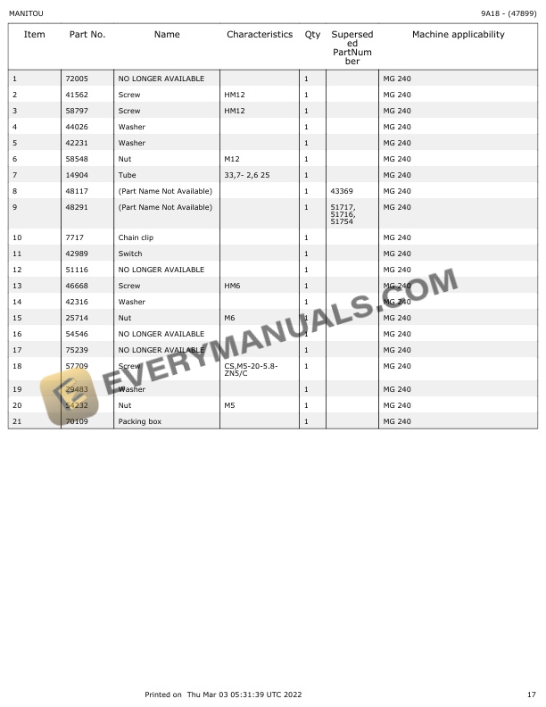 Manitou MG 240 Parts Manual 674699-4