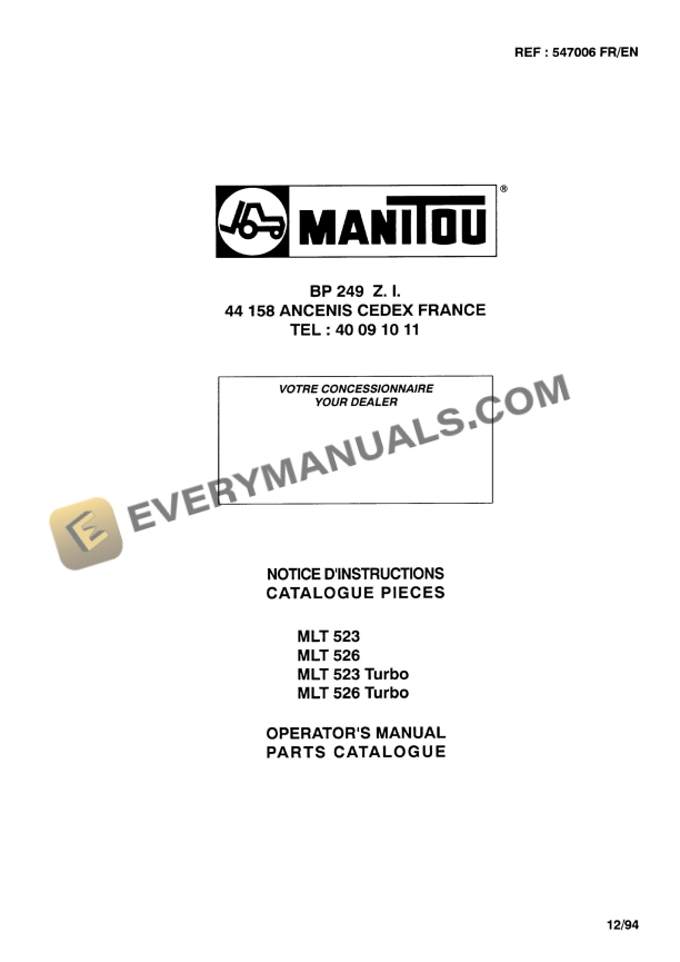 Manitou MLT 523, MLT 526, MLT 523 Turbo, MLT 526 Turbo Operator Manual 547006 FR-EN