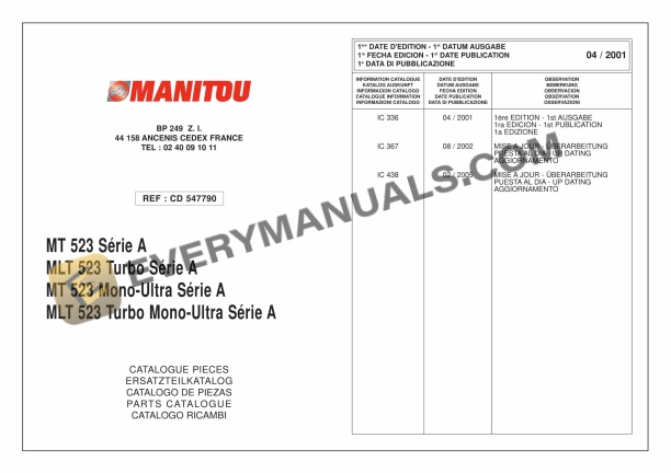 Manitou MLT 523 Turbo Series A, MT 523 Series A, MLT 523 Turbo Mono-Ultra Series A, MT 523 Mono-Ultra Series A Parts Manual CD547790