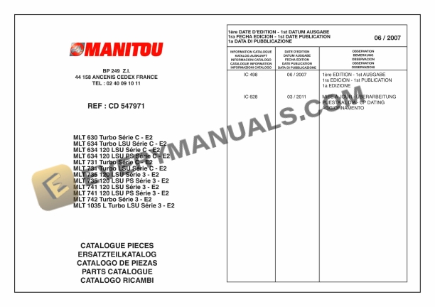 manitou mlt 630 turbo series c e2 to mlt 1035 l turbo lsu series 3 e2 parts manual cd547971 1