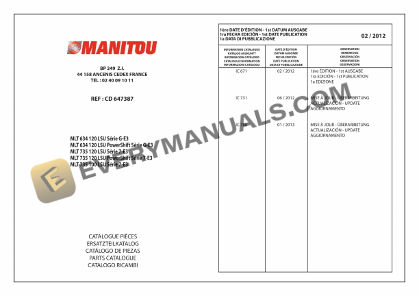 manitou mlt 634 120 lsu series g e3 to mlt 735 100 lsu series 7 e3 parts manual cd647387 1