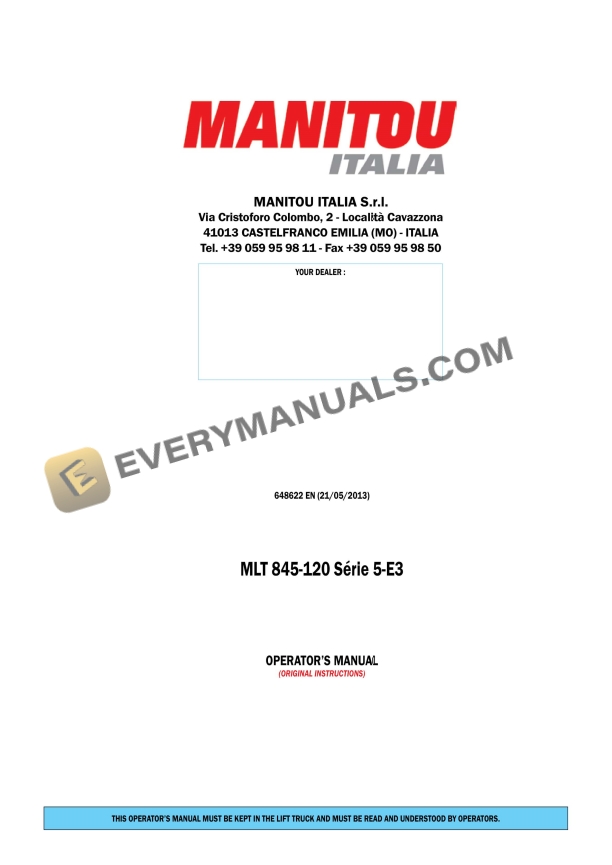 Manitou MLT 845-120 S5-E3 Operator Manual 648622EN