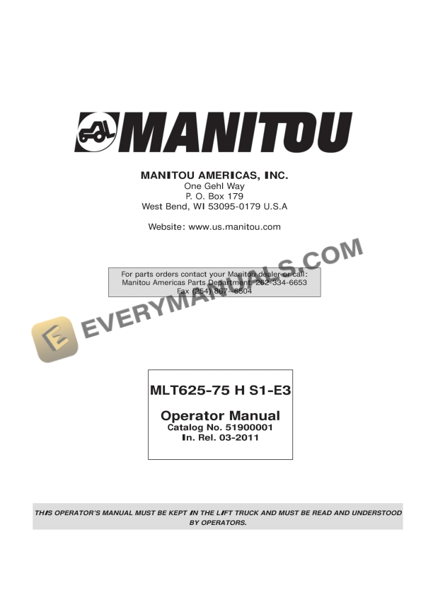 manitou mlt625 75 h s1 e3 operator manual 51900001 1