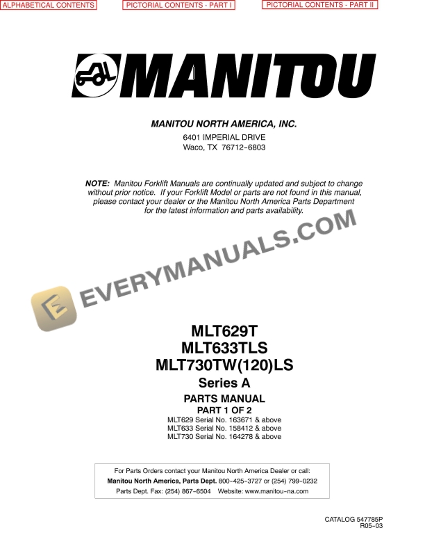 manitou mlt629t mlt633tls mtl730tw120ls series a parts manual 547785p 1