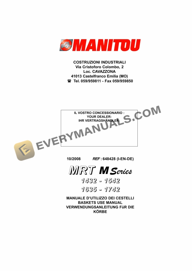Manitou MRT 1432 M Series, MRT 1542 M Series, MRT 1635 M Series, MRT 1742 M Series Operator Manual 648428 IT-EN-DE