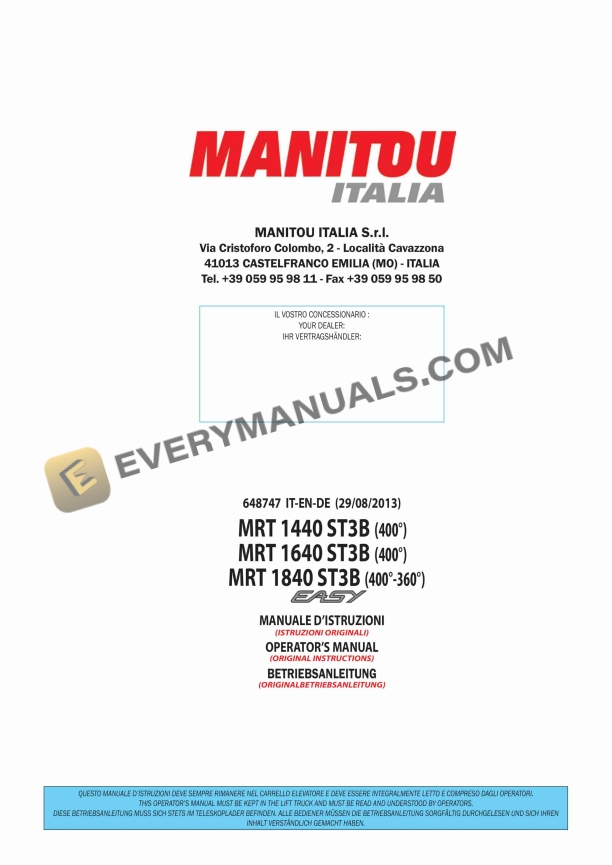Manitou MRT 1440 ST3B (400) Easy, MRT 1640 ST3B (400) Easy, MRT 1840 ST3B (400-360) Easy Operator Manual 648747 IT-EN-DE