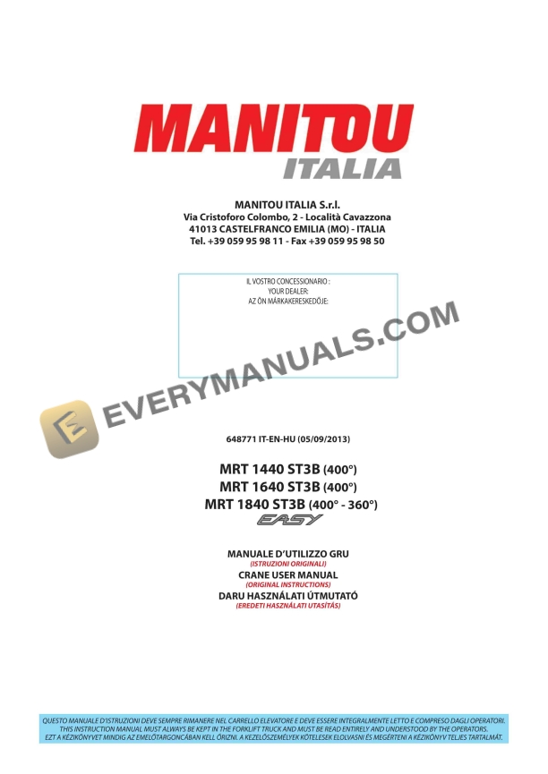 Manitou MRT 1440 ST3B 400 Easy, MRT 1640 ST3B 400 Easy, MRT 1840 ST3B 400 Easy, MRT 1840 ST3B 360 Easy User Manual 648771 IT-EN-HU