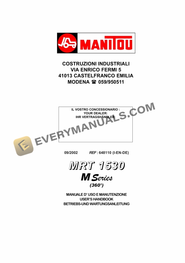 Manitou MRT 1530 M Series (360) User Handbook 648110 IT-EN-DE