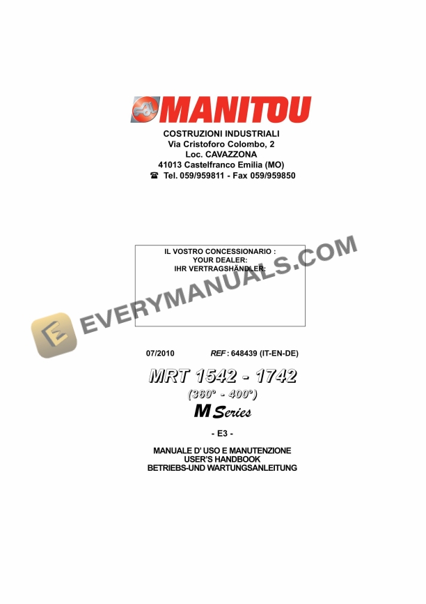 Manitou MRT 1542-1742 (360-400) M Series E3 User Handbook 648439 IT-EN-DE