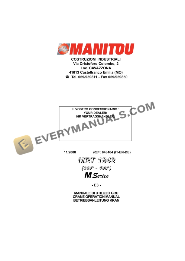 Manitou MRT 1842 (360-400) M Series E3 Operator Manual 648464 IT-EN-DE