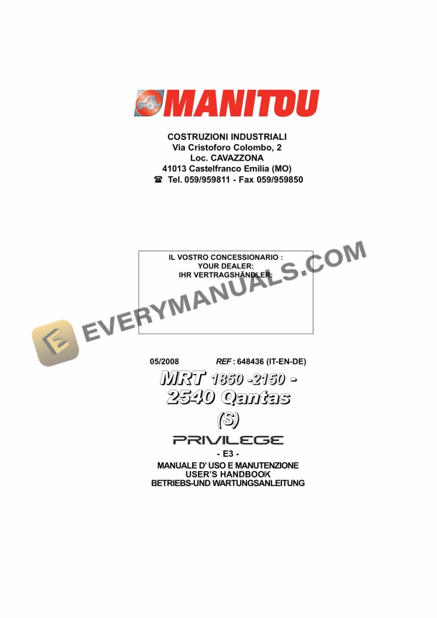 Manitou MRT 1850-2150-2540 Quantas (S) Privilege E3 User Handbook 648436 IT-EN-DE