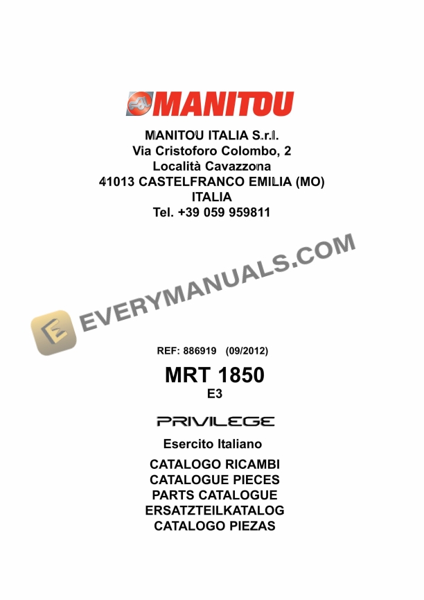 Manitou MRT 1850 E3 PRIVILEGE Parts Manual 886919 3 Manitou MRT 1850 E3 PRIVILEGE Parts Manual 886919